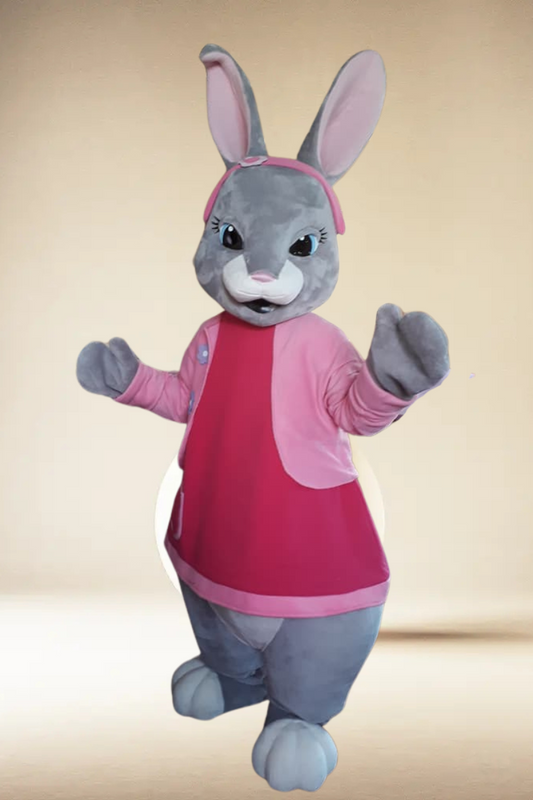 Gray Bunny Adult Party Mascot Costume with Pink Dress