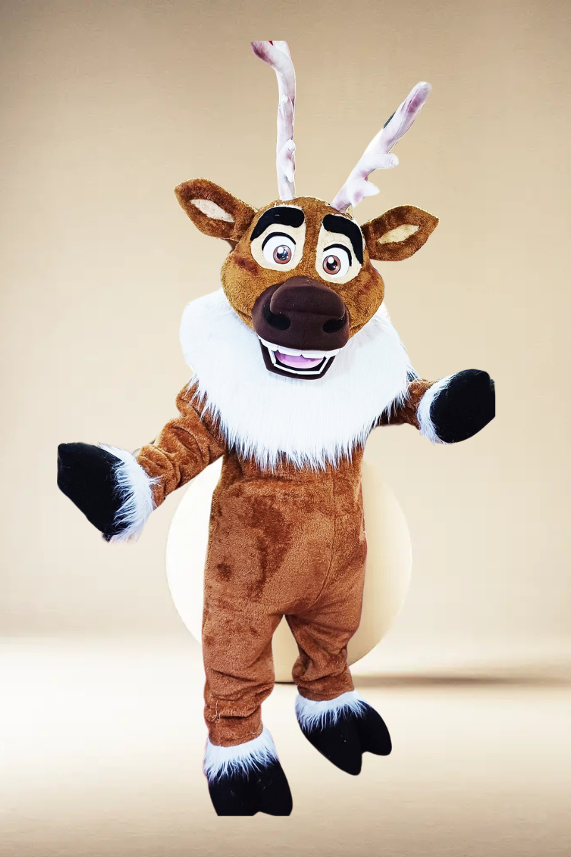 Reindeer Adult Mascot Costume with Antlers and Fluffy Details
