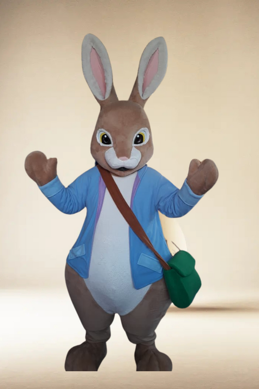 Brown Bunny Mascot Costume with Blue Jacket and Green Bag