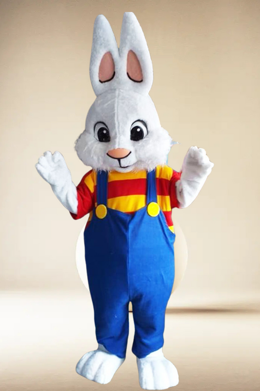 White Bunny Adult Party Mascot Costume with Colorful Overalls