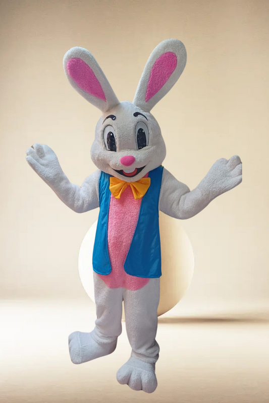 Adorable Adult Bunny Mascot Costume with Blue Vest and Yellow Bowtie