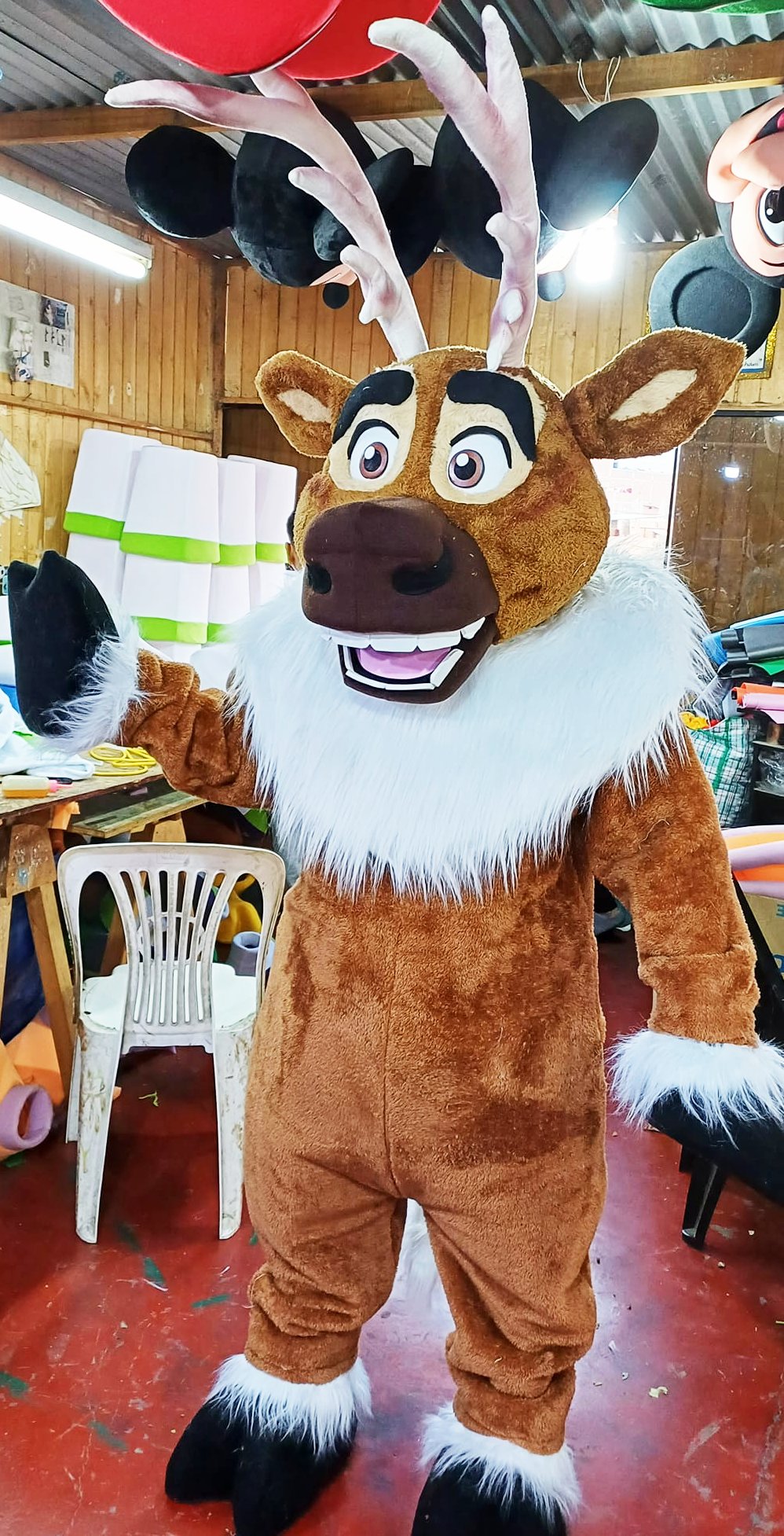 Reindeer Adult Mascot Costume with Antlers and Fluffy Details