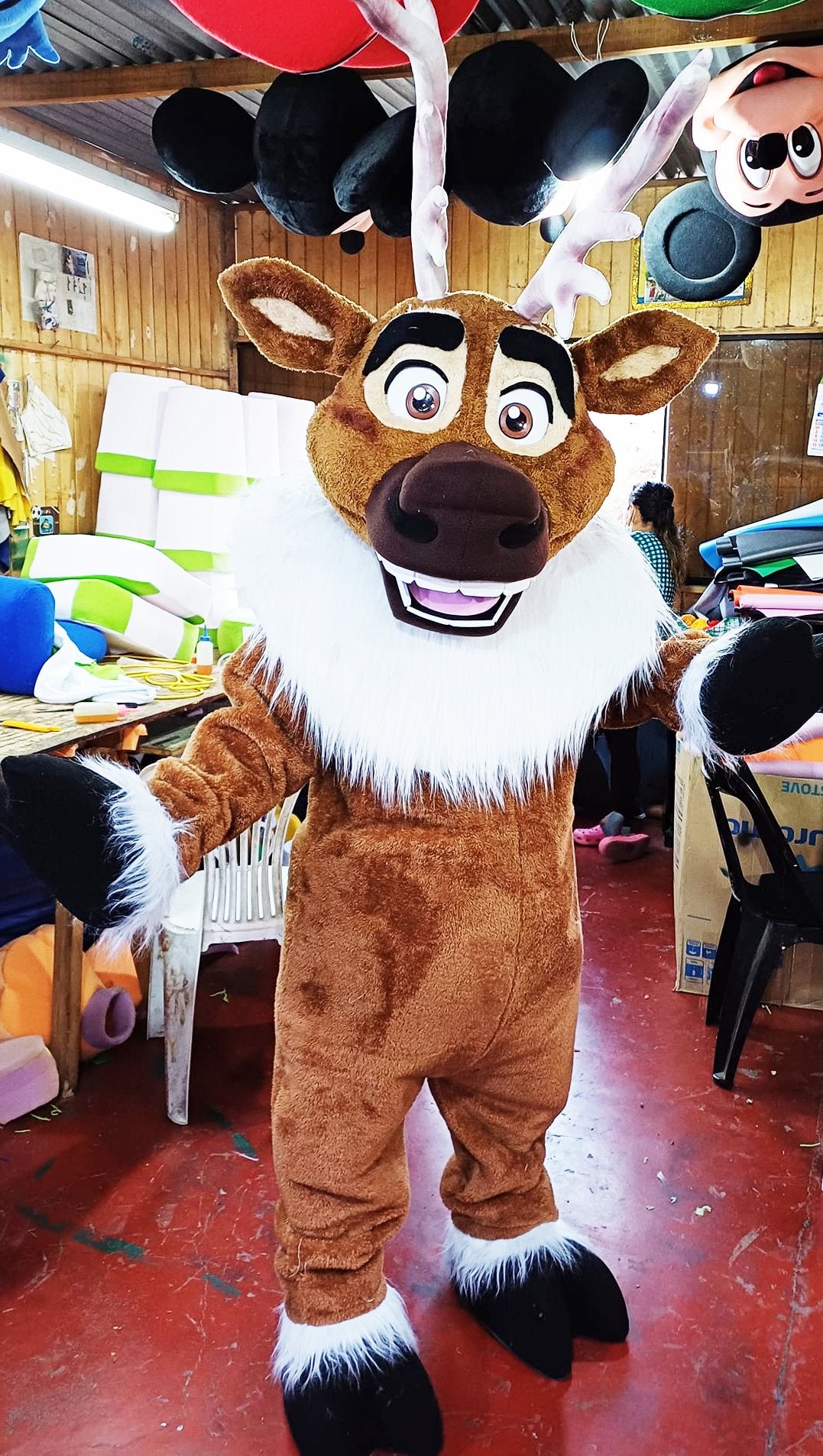 Reindeer Adult Mascot Costume with Antlers and Fluffy Details