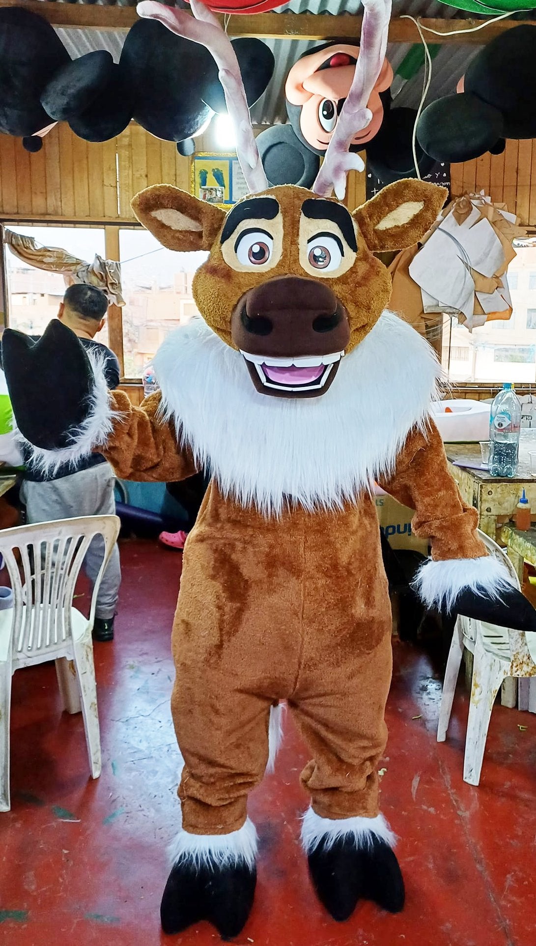 Reindeer Adult Mascot Costume with Antlers and Fluffy Details